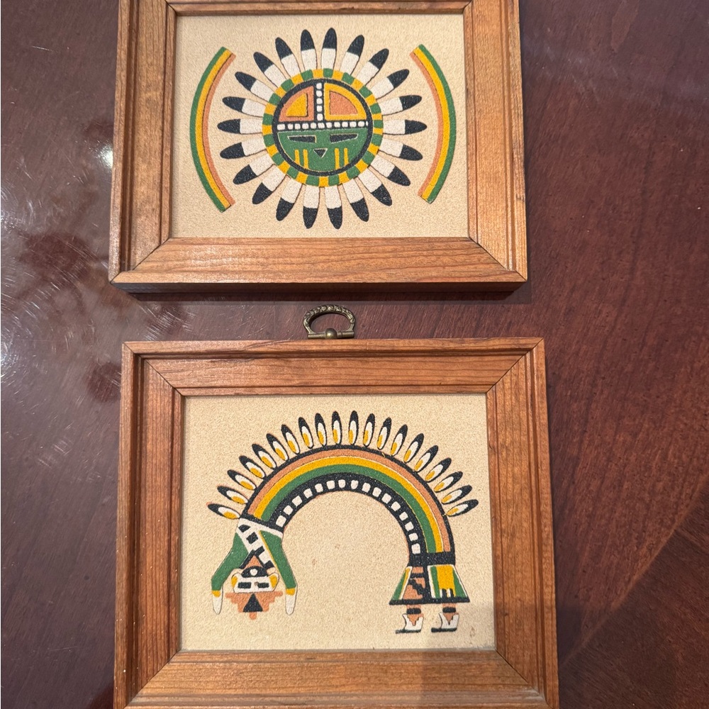 Vintage Folk Art Framed Tile Pair in Green & Yellow